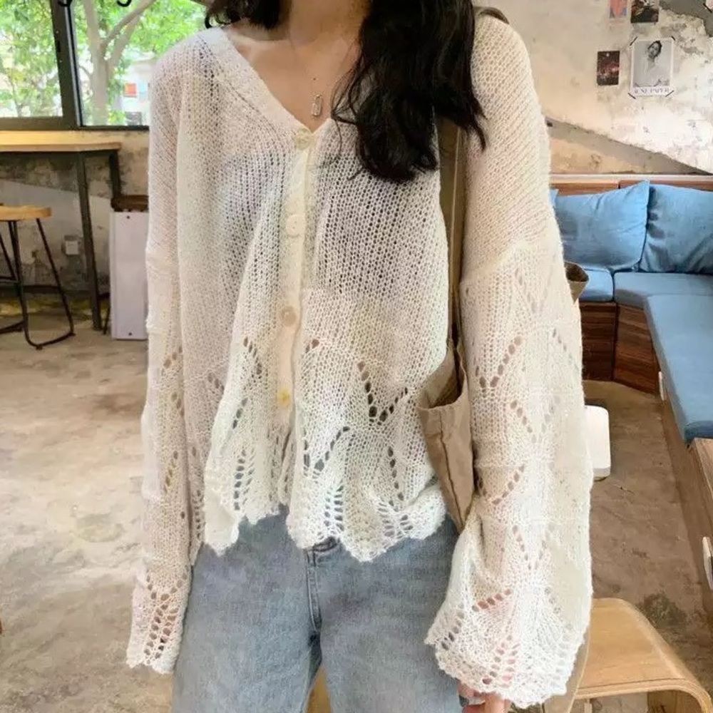 Shea Knit Fall Cardigan Loose Sweater, White